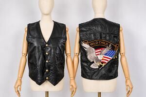 Giovanni Navarre Leather Biker Vest M Black Wild Child Eagle USA Patch